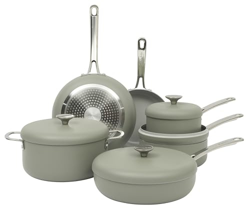 Sur La Table Kitchen Essentials Potluck Porch 10 Piece PFA Free Ceramic Non Stick Interior Forged Aluminum Cookware Pots and Pans Set W/Aluminum Lids - Green - Induction Compatible