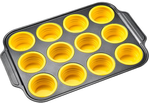 YiYeraio Silicone Muffin Trays, Non Stick Mini Cupcake Pan with Metal Reinforced Frame, Mini Muffin Tins Easy Release, Foldable Cupcake Baking Pan for Baking Muffins, Cupcakes, Egg Bites 12 Cups