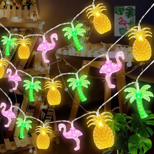 EKKONG Guirlande Lumineuse Tropicale Fairy Lights Hawaïenne 20 Led 3 Mètres Fête Plage Guirlandes Lumineuses Avec Flamant Rose, Ananas, Palmier pour Intérieur Et Extérieur Fête Hawaïen