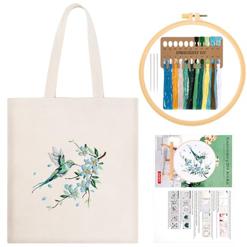 JSRQT Kit de Broderie pour Sac Toile Beige pour Débutants, Colibri Floral Kit de Point Croix Estampé pour Adultes, Création de Broderie Artisanale Fait Main avec Outils, Instructions, Aiguille et Fil