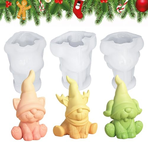 3 stycken ljusformar jul 3D, 3D knome silikonform, gör-det-själv-formar juldekoration tomte, silikonform jul för gjutning, jul
