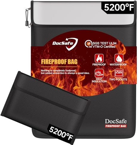 DocSafe Fireproof Document Bag (5200℉) with Fireproof Organizer Travel Case,Heat Insulated Fire＆Water Resistant 8 Layers Safe Money Bag Storage for Important Documents,Cash,Power Bank,Valuables,Black