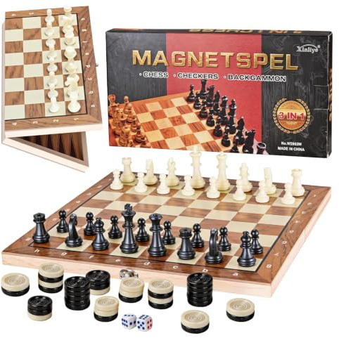 Kezidhp Schachspiel mit Schachbrett - 3-in-1 Holz Schach Set, klappbare Schachbrett, tragbares Set für Familienfeiern & Reise, 29 x 29 cm