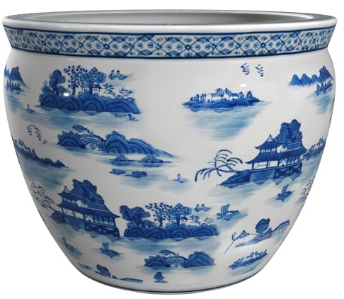 Red Lantern 12 Landscape Blue & White Porcelain Fishbowl Planter or Cachepot for Indoor/Outdoor Use in Garden Entryway Living Room Boho Eclectic Modern Contemporary Classic Traditional Style Decor