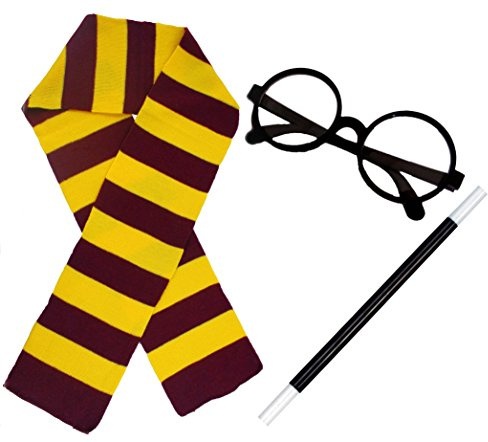 WIZARD SET FANCY KLÄNNING KOSTUME TILLBEHÖR MAROON & GULDSCARF + MAGIERAD HANDSKE + Glas