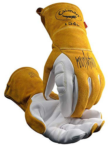 Caiman White/Gold Goat Grain Kontour Welding Gloves Arched Wrist Unlined Palm with Insulated Back/Padded Palm/Reinforced Side, Large