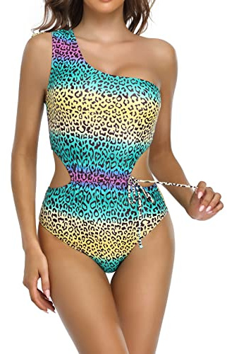 SHEKINI Costume da Bagno Intero da Donna Elegante Una Obliqua Bandeau Beachwear Regolabili Coulisse Cut out Backless Costumi Mare(S,Leopardo)