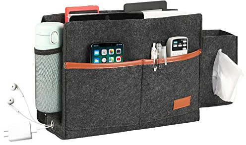Surblue Bedside Caddy Felt Storage Organizer Hanging Bag with Tissue Box and Water Bottle Pocket for Mattress, Sofa, Bunk Bed, Dark Gray