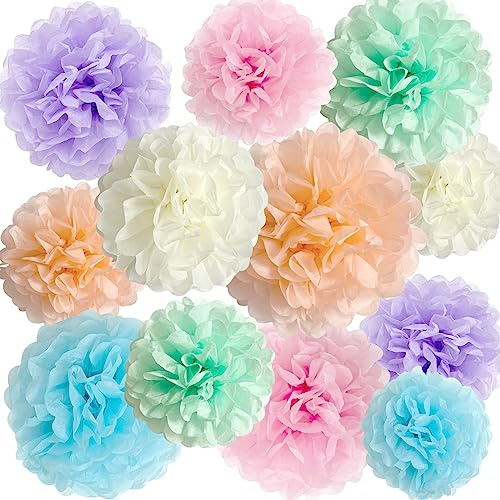 ANSOMO Pastel Tissue Paper Pom Poms Party Decorations Rainbow Ice Cream Easter Macaron Flowers Wall Hanging Décor Supplies Birthday Bridal Baby Shower Colorful Pink Purple Peach Mint Green Blue Ivory