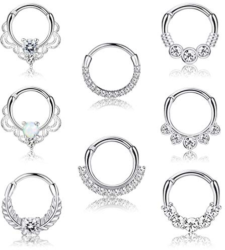 Morfetto 8PCS 16G Septum Clicker Ring Acero inoxidable CZ Cartílago opal Hélice Tragus Hoop Daith Pendientes Anillos nasales Aro Segmento con bisagras Anillo perforante Joyería Plateado 10MM
