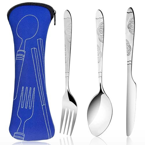 3 Stück Reisebesteck, WitBicg Göffel Camping Besteckset Besteck Zum Mitnehmen 1 Person Wiederverwendbar Edelstahl Geeignet Für Schule, Büro, Firma, Campingbesteck Mit Tragetasche (Muster - Blau)