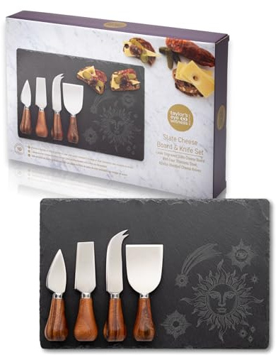 4 Piece Cheese Knife Set & Acacia Board - Stylish Cheese Knives Gift Set With Mystic Designed Slate Board. Acacia Wood Handles & Classic Polished Stainless Steel Blades. 10 Year Guarantee.
