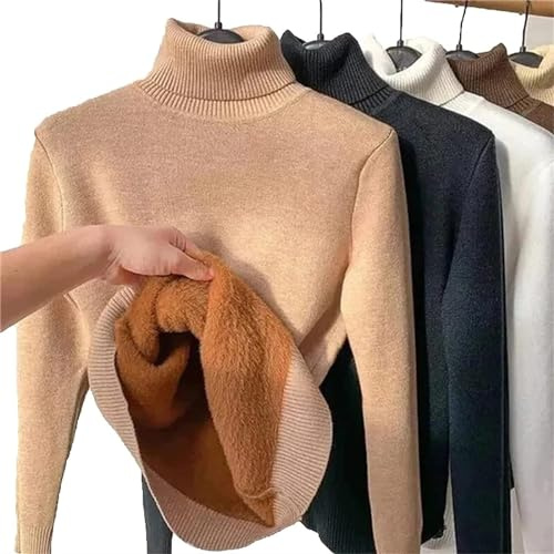 JOCCOS Camisa de invierno de polar grueso tejido para mujer, jersey informal de cuello alto grueso suave térmico, caqui, M(48-53kg)