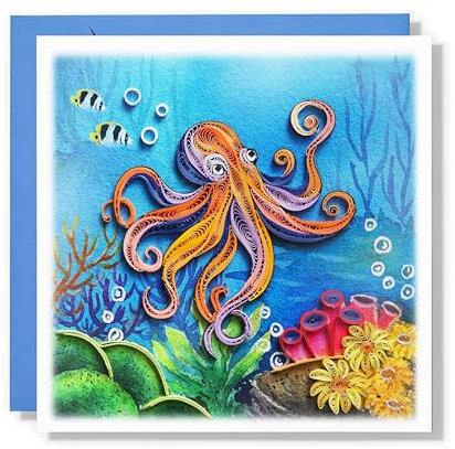 TUMYBee Colorful Under The Sea Animal, Greeting Card, Water Color Quilling Card, Art Card for Get Well Soon, Birthday, Thank You, Thinking Of You, Mother Day, Father Day, Boss Day (Octopus)