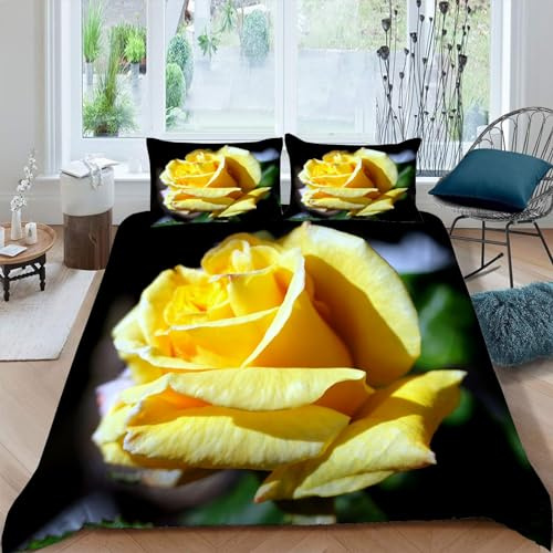 MAQUE Gelb BettwäSche Set Rosen BettwäSche 220x240 Microfaser Atmungsaktiv Leicht, Bettbezug 220x240 mit ReißVerschluss und 2 Kissenbezug 80x80