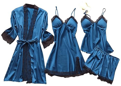 Pyjamasset för kvinnor, 4-delat pyjamasset, loungewear, set i 4 delar, satin, sovkläder, rock, sexig, negligé, spetskant, nattkläder, set, basturock, sommar, morgonrock