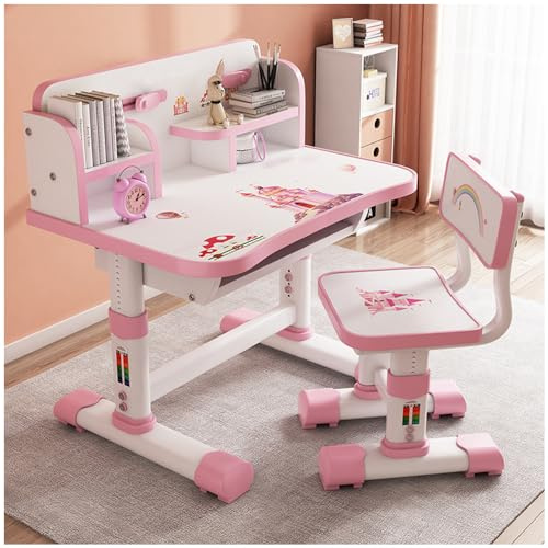 SINBINTA Kinder-Schreibtisch- und Stuhl-Set, höhenverstellbar, Cartoon-Muster, Lerntisch mit Schublade und Buchständer, ergonomischer Schüler-Schreibtisch