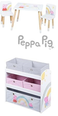 roba Bundle Kindersitzgruppe Peppa Pig - 2 Kinderstühle & 1 Tisch Holz weiß + Spielregal aus Holz Peppa Pig - Spielzeugregal mit 5 Boxen