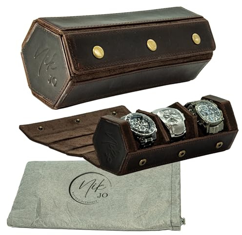 Nik Jo Leather Watch Roll Travel Case for Men, Hexagonal 3 Watch Travel Case For Men With Soft and Removable Pillows for Wristwatches & Smart Watches - Watch Case Travel, Brown