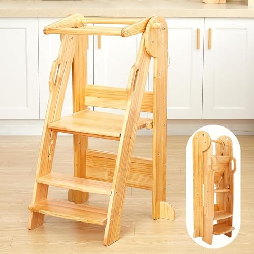 FUNLIO Foldable Toddler Step Stool for Kids 2-6 Years with 3-Level Adjustable Height, Folding Toddler Kitchen Stool with Safety Rails, Montessori Step Stool, Easy to Assemble - Natural