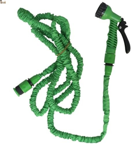 BricoLoco.com Manguera jardín 7,5 metros extensible. Pistola riego multifunción 7 chorros. Retráctil auto enrollable. Conexiones rápidas. Bloqueo de gatillo. Jardinería fácil (Extensible 7,5 mts., 1)