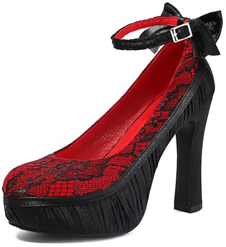 elerhythm Dam Mary Jane punk stängd tå spets blomma eleganta gotiska pumps söt båge plattform höga klackar skor, röd, 39 EU