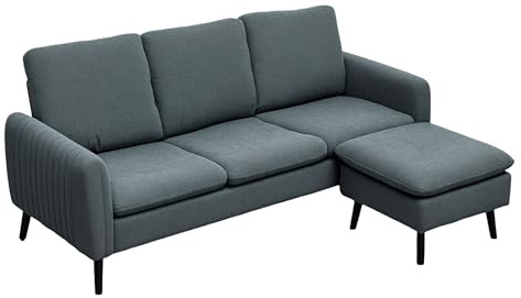 HOMCOM Divano Angolare 3 Posti, Divano ad Angolo con Chaise Longue Reversibile 196x140x88 cm, Divano a L Modulare con Poggiapiedi Rimovibile in Tessuto a Coste per Salotto e Soggiorno, Grigio Carbone