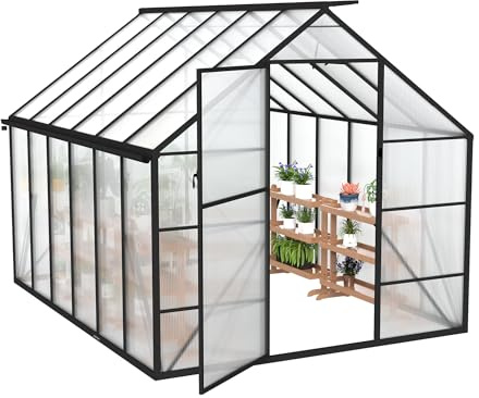Naizy Växthus 310 x 250 x 205 cm trädgårdsväxthus med markankare och 6 cm bas växthus av 580 g, 4 mm PC-platta och aluminium, tomatväxthus, odling, vintersäkert UV-skydd (8 x 10 fot)