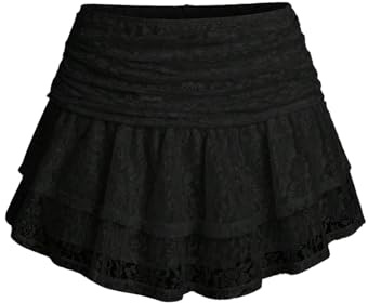 GORGLITTER Damkjol, spets, sommarkjol, flera lager, minikjol med volangfåll, kort spetskjol, genomskinlig fritidskjol, casualkjol, svart, L