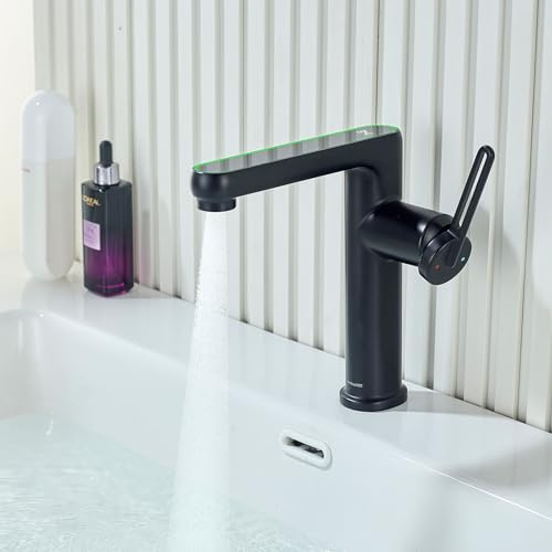 LakeBayMZC Grifo de Baño con indicador LED de Temperatura,Grifo de Lavabo,Mezclador de Lavabo de Baño,Grifos Monomando,Agua Fría y Caliente,Negro