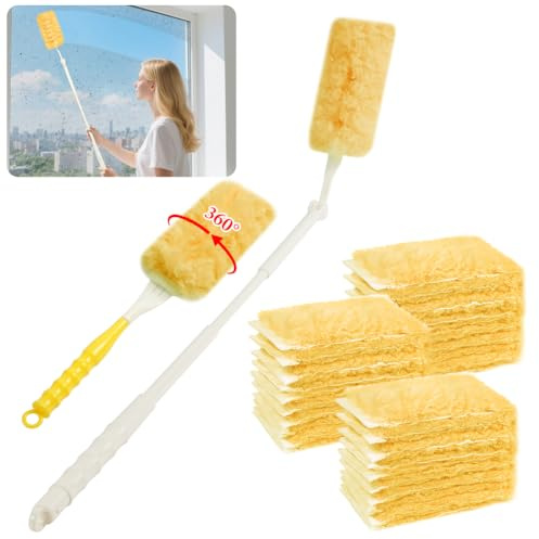 OFFCUP 32 Pezzi Ricariche per Spolverino, 360° Kit per Spolverare Elettrostatico Compatibile con Swiffer Duster, Piumini Cattura Polvere con 1 Manico 1 Telescopici Spolverini Usa e Getta