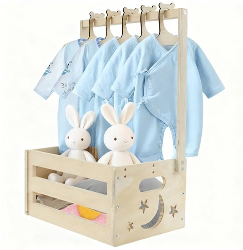 Holz Baby Geschenk Korb mit Griff und 5 Kinder Kleiderbügel, Babyparty Schrank Holz Baby Aufbewahrungskorb, Personalisierte babykorb Holzkiste für Geburtstage Weihnachten Neue Eltern (Mond)