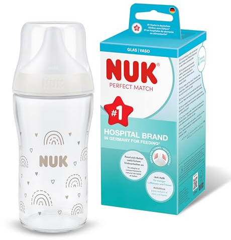 NUK Perfect Match Glass Baby Bottle | 3+ Months | 230ml | Anti Colic Feeding Bottle | Temperature Control Indicator | Rainbow | 1 Count