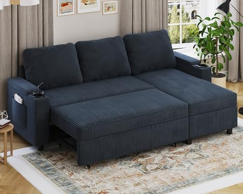 Devoko L-Shaped Sofa Bed 3 Seater, Corner Sofa Bed with Storage Sectional Sofa Couch Convertible Bed Settee for Living Room, Navy Blue