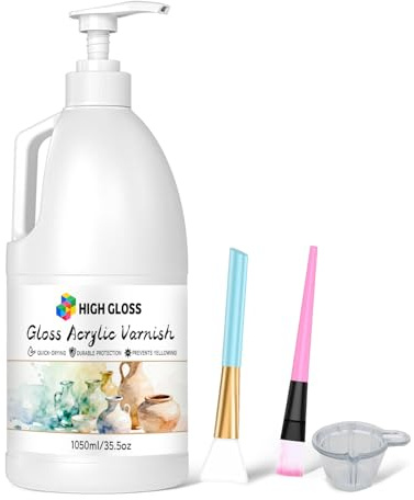 1050ML Large Gloss Acrylic Varnish with Pump, High Gloss Clear Sealer for Acrylic Paintings, Quick-Dry Water-Based Non-Toxic, UV & Yellowing Protection, Multi-Surface with Bonus Brush