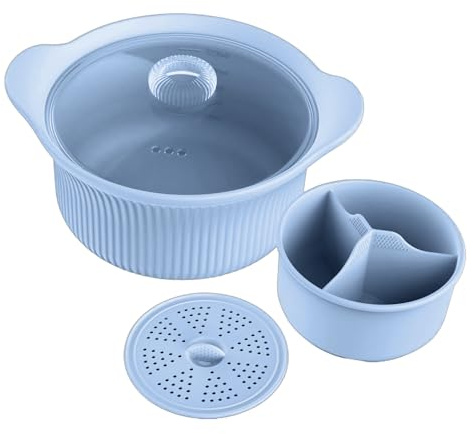 Vaporizador De Verduras Para Microondas,Con Olla Con Asa Y Compartimento,Vaporera De Brócoli Con Mango Y Tapa - Para Horno Freidora De Aire Cocina Hogar Comida Para Bebés Verduras Pasta Sopa Pescado M