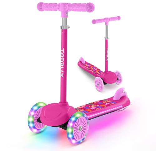 TONBUX Kids Scooter 3 Wheel Scooter for Ages 2-6 with Light-Up Wheels, Adjustable Handlebar, Tilt to Turn Steering, Up to 50KG
