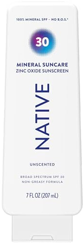 Native Sunscreen Lotion Unscented SPF 30, 100% Mineral SPF for Face & Body Broad Spectrum UVA UVB for Men & Women, Suitable for Sensitive Skin & Hawaii Compliant, Lightweight & No Residue, 7oz