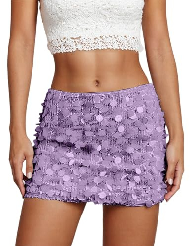 Generico Gonna con Paillettes per Donna Mini Lucente Elastica Bodycon A Vita Alta Brillanti Pantaloni Corti da Discoteca Sexymini Gonna Aderente da Festa per Party di Concerto (f-Purple, M)