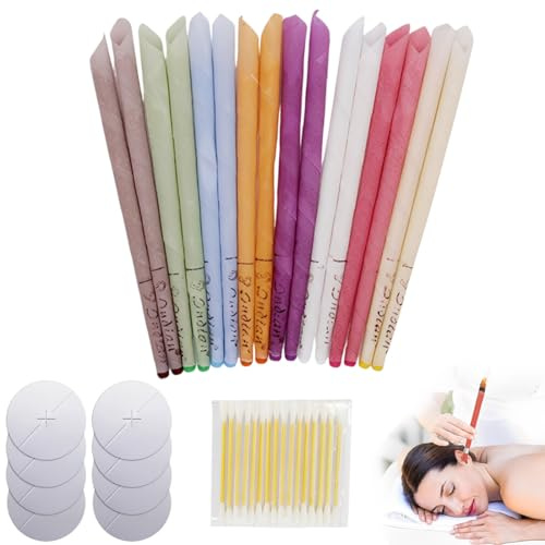 AEKZOX 16 Candele per Orecchie, Set di Coni per Pulizia e Sollievo da Orecchie Ostruiti, con 8 Dischi Protettivi e 16 Bastoncini di Cotone