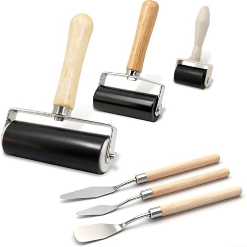 Lot de 6 rouleaux de brayer en caoutchouc pour la gravure, 3 tailles d'outils de linogravure avec poignées en bois et grattoirs pour bricolage mural, peinture de papier peint et projets