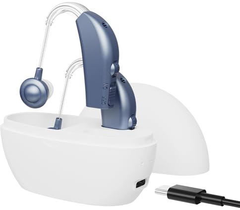 Digital Hearing Aids for Seniors - (Pair of 2) Personal Hearing Enhancement Behind-The-Ear BTE Aid PSAP Sound Amplifier, Rechargeable Digital Hearing Amplifier with All-Day Battery Life, Modern Blue