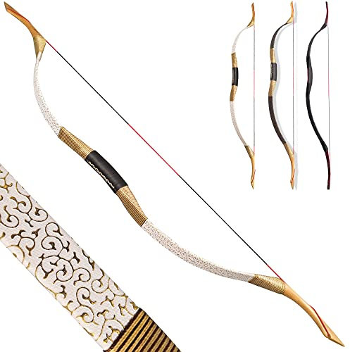 MILAEM Bogenschießen Traditioneller Langbogen Handgefertigt 25-55lbs Recurve Bogen Jagdbogen Sportbogen Mongolian Horsebow Outdoor Sport Zielübungen (Weiß, 25lbs)