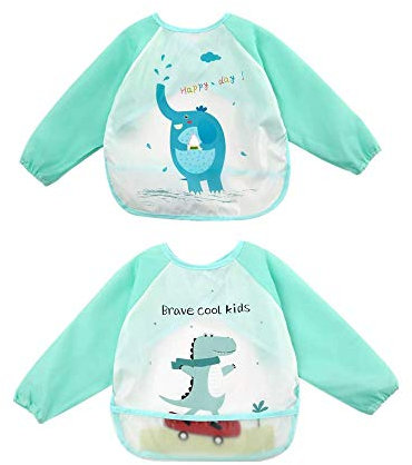 GudGmtoy Entwöhnungs-Lätzchen Baby Wasserdicht Ärmel-Lätzchen Langarm Lätzchen für Kleinkind (6-24 Monate), Fütterschürze Kittel für Kinder Kleinkinder, 2 Stück (Tier Dinosaurier + Elefant)