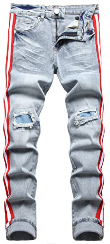 ABSECAI Men's Ripped Jeans Slim Fit Skinny Stretch Jeans Pant (32, Blue3(Red Stripe))