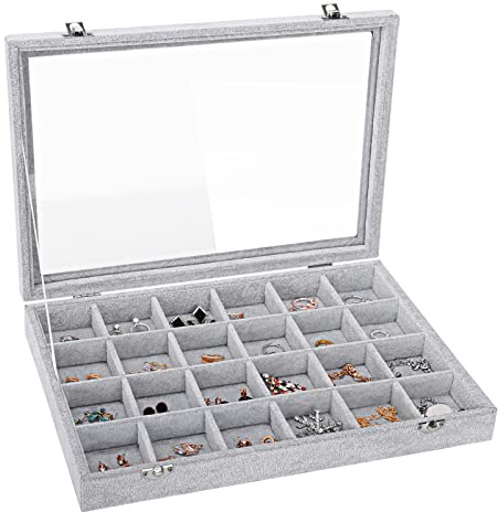 Emibele Ripiano Gioielli 24 Scomparti, Portagioie con Imbotittura in Veluto, Accessori Gioielleria, Porta Gioielli Donna Espositore Orecchini Portagioie per Gioielli collane Orologi Orecchini- Grigio
