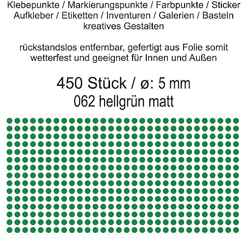 Aufkleber Etiketten Klebepunkte aus Folie 450 Stück grün hellgrün matt rund 5 mm selbstklebend farbig wetterfest Decal Markierungen Organisieren DIY basteln verzieren Modellbau Scrapbooking