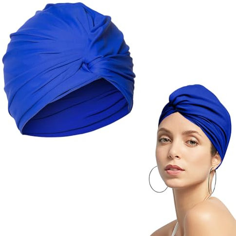 Badekappe, Badekappe für Damen, Schwimmkappe, Schwimmkappe, Schwimmkappe, Turban aus plissiertem Stoff, Schwimmkappe, Blau