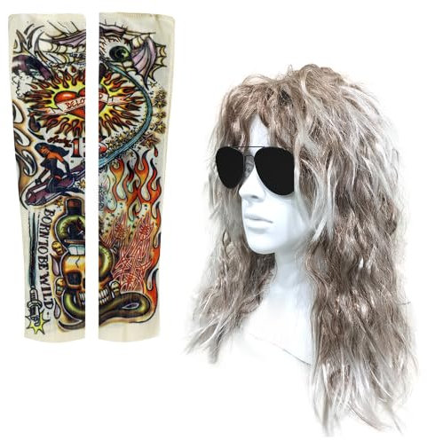 SKHAOVS 80er Rocker Perücke Weiß Herren Tattoo Ärmel 80er Jahre Vokuhila Perücke Rocker Punk Popstar Disco Punk Männlich Kostüm Für Fasching Karneval Motto Party Und Cosplay (Weiß)