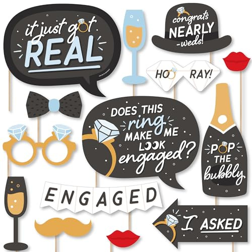 Big Dot of Happiness Engagement Photo Booth Props Kit - 20-Piece Props Set, Premium Party Photography Accessories, Celebration Decorations, DIY Assembly with Sticks and Adhesives - Black and White